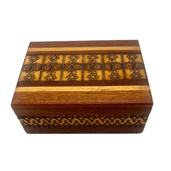 Handcrafted Wooden Polish Folk Art Trinket Jewelry Box Floral Geometric Patterns - Picture 1 of 9